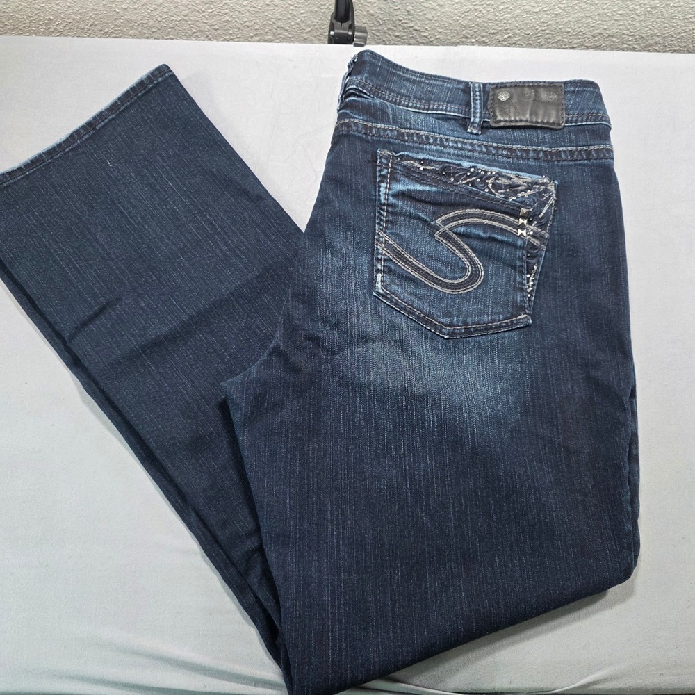 Silver Jeans Co Suki Mid Rise Bootcut Jeans Dark Wash Embellished Plus Sz 24 L33